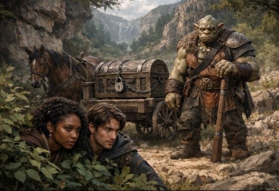 The Tricksters - Harles and Marga hide in the bushes while Rik the ogre guards a suspicious chest